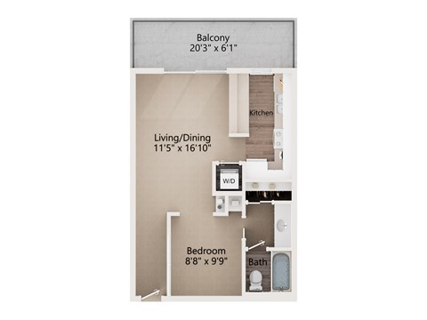 Floor plan for studio, 1 bath, 513 sqft